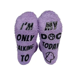 Fluffy purple fuzzy floor socks with funny dog quote print, warm winter sleep socks for home.