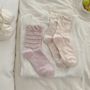 Chaussettes mi hautes rose pour femmes doux style japonais joli nœud texture bonneterie nouveauté