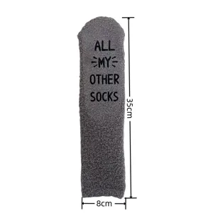 Grey fuzzy cozy winter sleep socks with funny quote letter print soft plush floor socks.