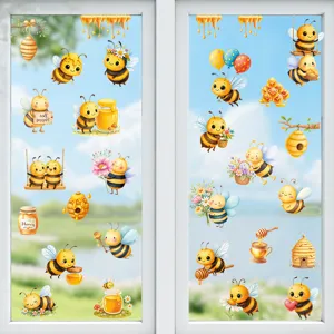 Stickers Statiques de Fenêtre Abeille Dessin Animé Monde du Miel Autocollants en Verre Décoration Florale pour Printemps Maison Vitrine