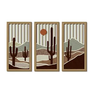 3-piece wooden wall art desert cactus hollow hanging decor for living room interior design.