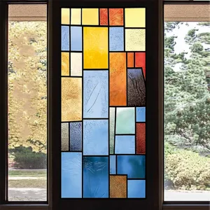 Retro geometric stained glass window film, colorful block decorative glass sticker for home.