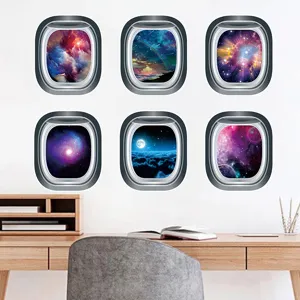 Vinilos de Pared 3D Ojo de Buey Espacial Vista Ventana Universo Galaxia para Habitación Infantil Decoración de Dormitorio PVC