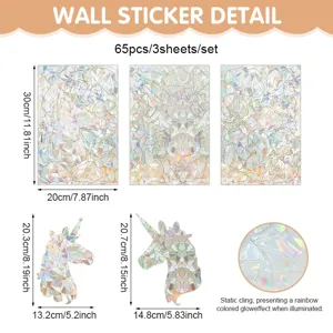 Rainbow laser unicorn wall sticker detail view showing dimensions and static cling sheet sizes.