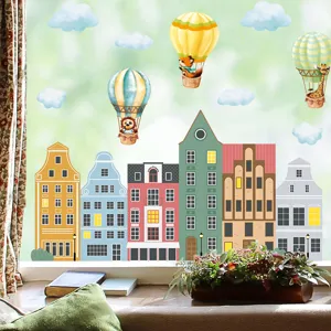 Bohème bunte Häuser Tiere Heißluftballon Fensteraufkleber Kinderzimmer PVC Wanddeko