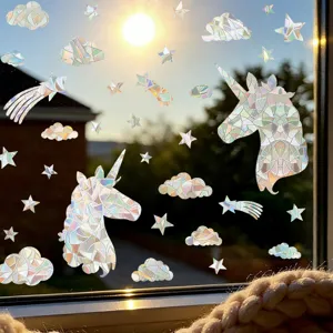 Bohemian Laser Holographic Unicorn Window Stickers PVC Static Cling Cloud Star Decals For Kids Bedroom Glass Decoration