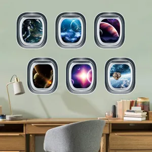 Vista detallada del adhesivo de pared con ventana espacial 3D y hermoso diseño de galaxia.