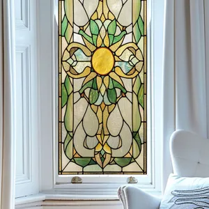 Film pour fenêtre en vitrail style Tiffany, décoration vintage marbre vert translucide.
