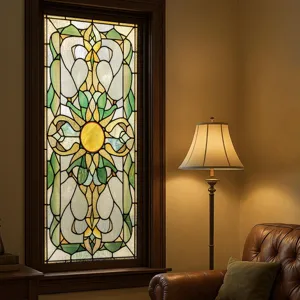 Film pour vitre en verre teinté style rétro Tiffany, adhésif floral vert émeraude et jaune.