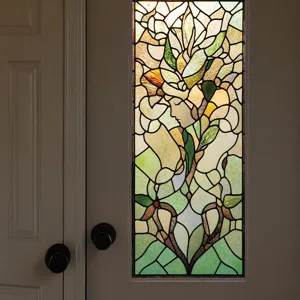 Film pour fenêtre vitrail Art Nouveau vert émeraude décor floral vintage pour maison