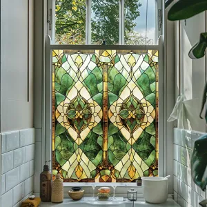 Film pour fenêtre en verre teinté style Tiffany, autocollant en verre géométrique vert vintage déco.