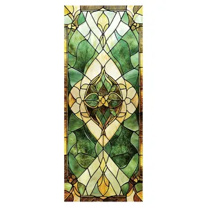 Film pour vitre style Tiffany, autocollant statique floral rétro vert pour déco.