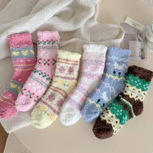 Cozy winter coral fleece women socks warm fuzzy fair isle sleep socks for home indoor wear