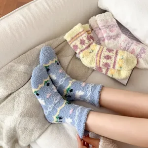 Cozy coral fleece sleep socks, soft thick fuzzy winter warm home fuzzy socks detail view