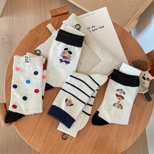 Cute autumn women cotton mid-calf socks with colorful dots stripes and cute puppy embroidery