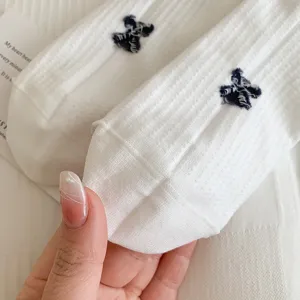 White mesh slouchy socks with black bow embroidery, sweet ballet style women socks.