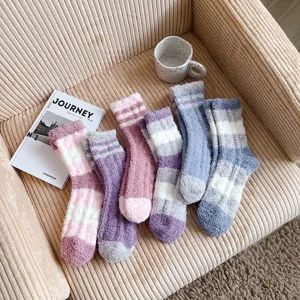 Thick cozy coral fleece fuzzy socks for women, warm winter striped sleep floor socks.
