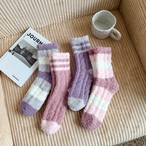 Cozy thick coral fleece striped socks for women, perfect for winter home floor wear and warm sleeping.