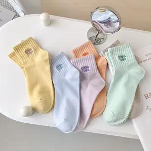 Colorful cotton short socks for women, cute embroidered letter design, soft and comfortable daily wear.