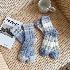 Cozy fuzzy stripe winter sleep socks, thick plush soft warm floor socks for women.