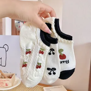 Cute cherry mesh short socks for women, breathable low-cut summer ankle socks with black trim.