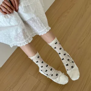 White bow mesh socks with sweet mary jane shoes, breathable summer hosiery detail view.