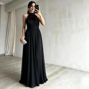Elegante vestido de noche negro sin mangas estilo francés, vestido largo ajustado.