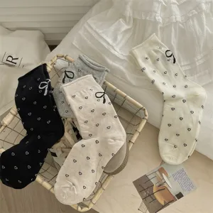 Summer women's cute bow heart jacquard mid tube socks, sweet ballet style casual cotton.