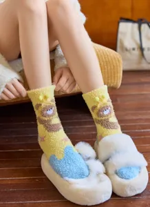 Cozy coral fleece winter warm socks featuring cute cartoon animal design for home relaxing.