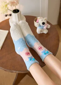 Cozy coral fleece cute pig detail shot, soft thick warm home sleep socks for women.