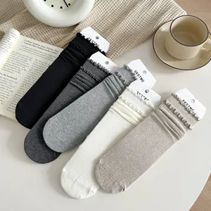 Autumn winter solid color ruffle mid-tube women socks sweet style cotton stacking socks