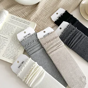 Solid color ruffed mid-tube socks, casual cotton stack socks, sweet college style hosiery