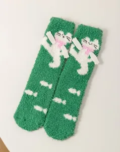 Cute fuzzy coral fleece winter socks with cat design, warm soft home floor socks for women.