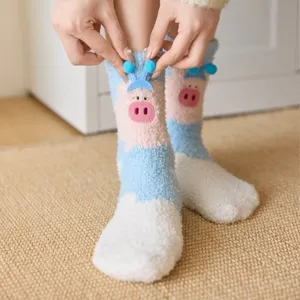 Cute cartoon animal coral fleece warm winter socks for women, thick fluffy cozy home floor wear.
