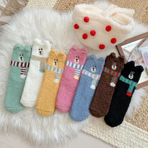 Winter Warm Coral Fleece Women Socks Cute 3D Bear Ears And Scarf Thickened Soft Sleep Floor Socks