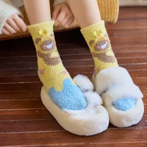 Fuzzy winter socks for women, thick coral fleece cute cartoon bear home floor sleep socks.