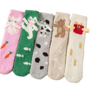 Cute winter fuzzy coral fleece socks for women, warm thick sleep floor socks with cartoon animals.