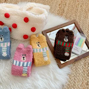 Cute fluffy coral fleece bear socks with 3D ears and warm winter scarf design cozy floor socks