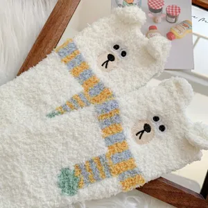 Cute winter fluffy coral fleece socks with 3D bear ears and embroidered scarf for warm cozy indoor wear.