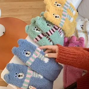 Cute winter fuzzy bear socks with 3d ears and scarf, thick warm coral fleece floor socks.