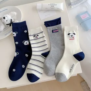 Cute cartoon puppy mid-calf socks for women, sweet casual cotton hosiery, spring and summer wear.