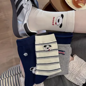 Cute cartoon puppy embroidered mid-tube women socks, breathable cotton casual daily wear hosiery