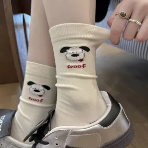 Cute cartoon puppy embroidered mid-tube socks, breathable spring knit casual women socks.