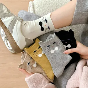 Cute 3D cat ear socks for women, breathable cotton mid-tube cartoon crew socks detail.