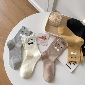 Cute cat embroidery mid-tube socks spring summer Korean style cotton casual crew socks for women