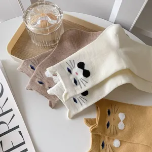 Spring summer cute cat embroidery mid-tube socks women comfortable casual breathable slouchy socks