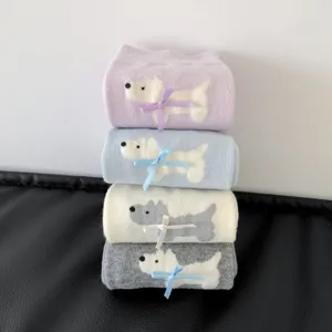 Cute cartoon dog mid-calf socks with small bows, stacked set in four sweet pastel colors.