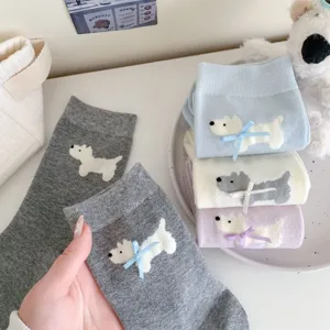 Cute dog bow mid-tube socks detail, sweet Korean style cotton hosiery for women and girls.