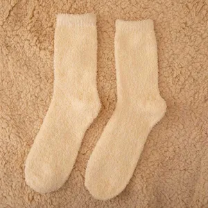 Fluffy warm mid-calf socks for autumn winter, soft coral fleece solid color cozy sleep socks.