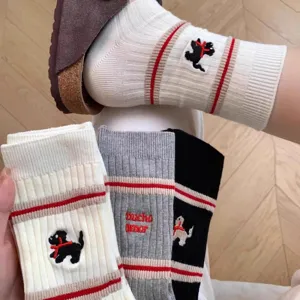 Cute embroidered puppy mid-calf socks with Japanese style stripes, comfortable daily wear.